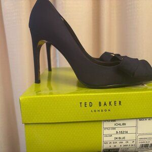 Stunning Ted Baker dark blue satin heels with bow, size 8